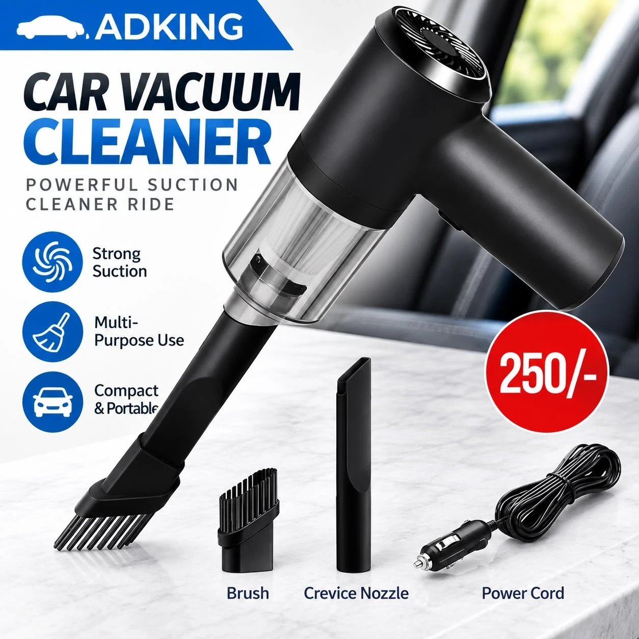 AdKing Car Vacuum Cleaner - Portable with Strong Suction