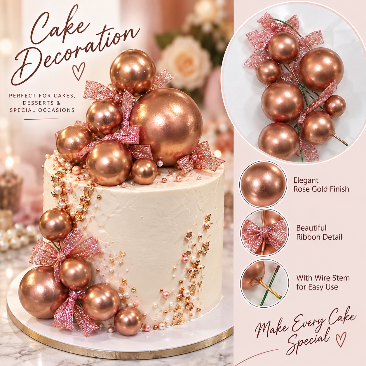 Rose Gold Cake Decoration Balls with Ribbons