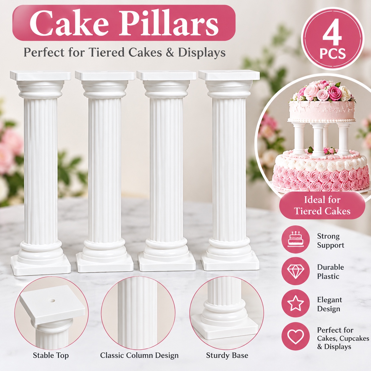 Cake Pillars Set - 4 White Columns for Tiered Cakes