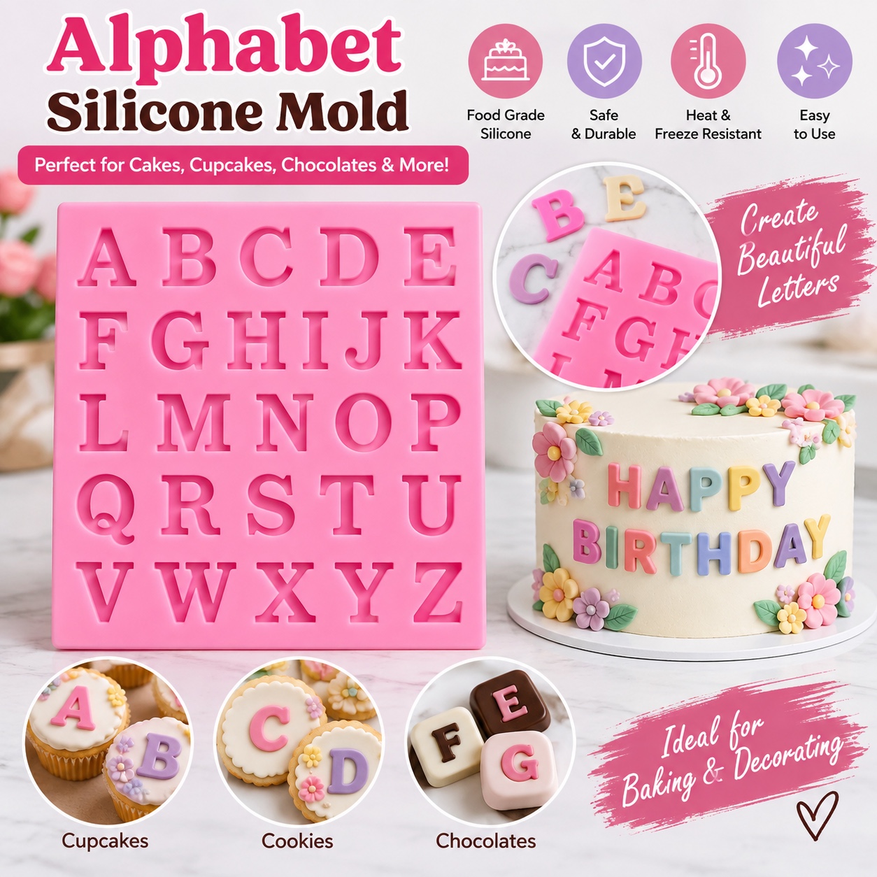 Alphabet Silicone Mold - Food Grade for Cakes, Cupcakes, Chocolates